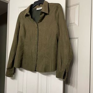 Woman button down shirt in olive green color, size large